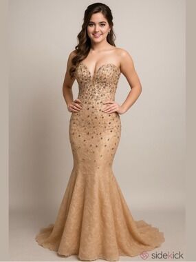Va Va Voom Strapless Mermaid Lace Nude Crystal Embellished Evening Prom Gown
